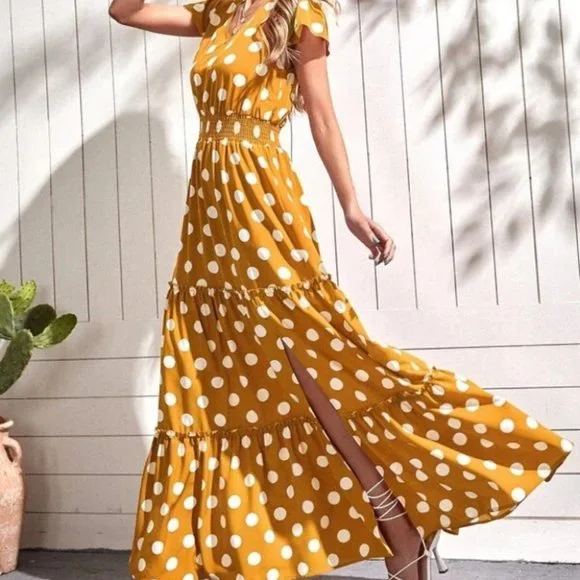 yellow polka dot print ruffle hem maxi dress - Picture 6 of 7